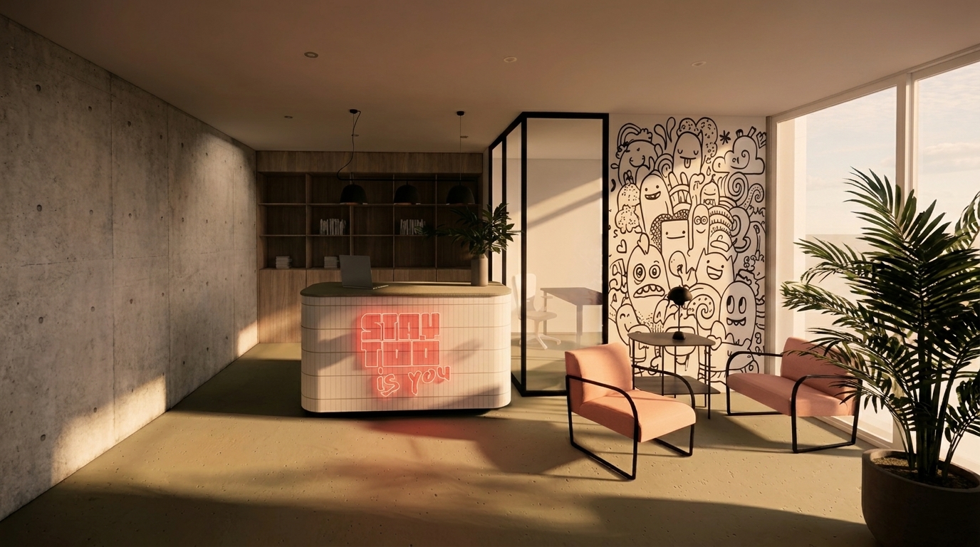 Staytoo student apartments Munich – lobby and community area in the new apartment building Copyright: Staytoo (AI-assisted visualisation of the planned interior design; final execution may differ.)